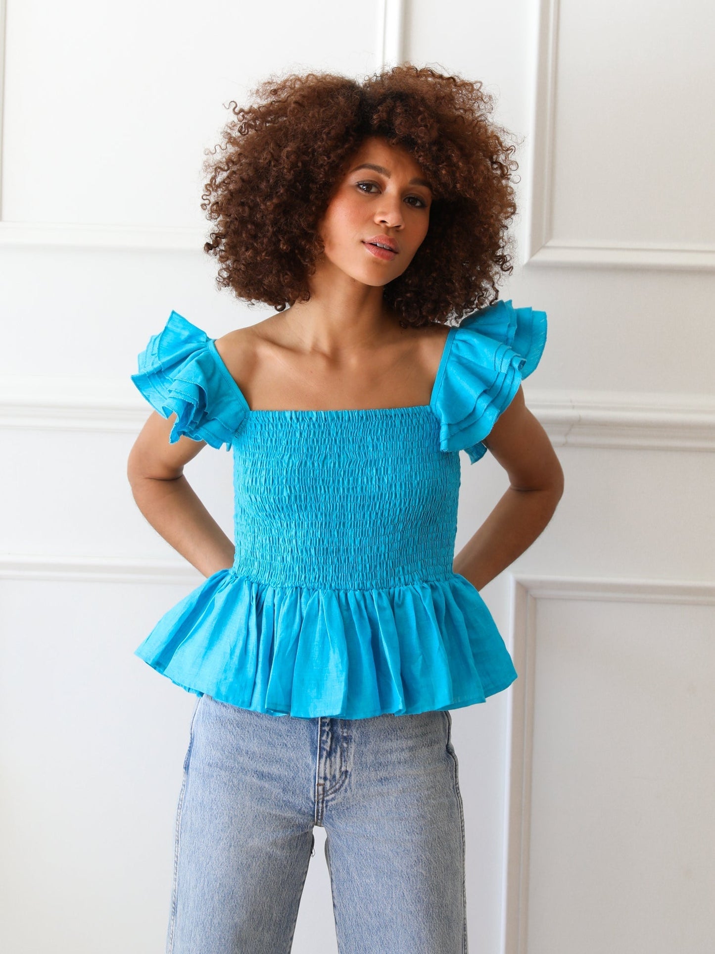 Athena Top in Aqua Linen