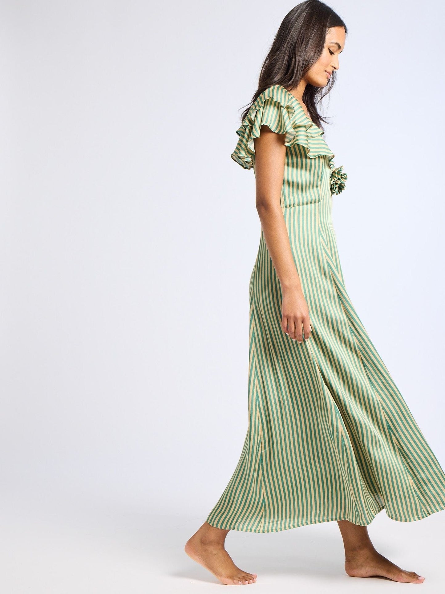 Lucie Dress in Almond & Green Stripe