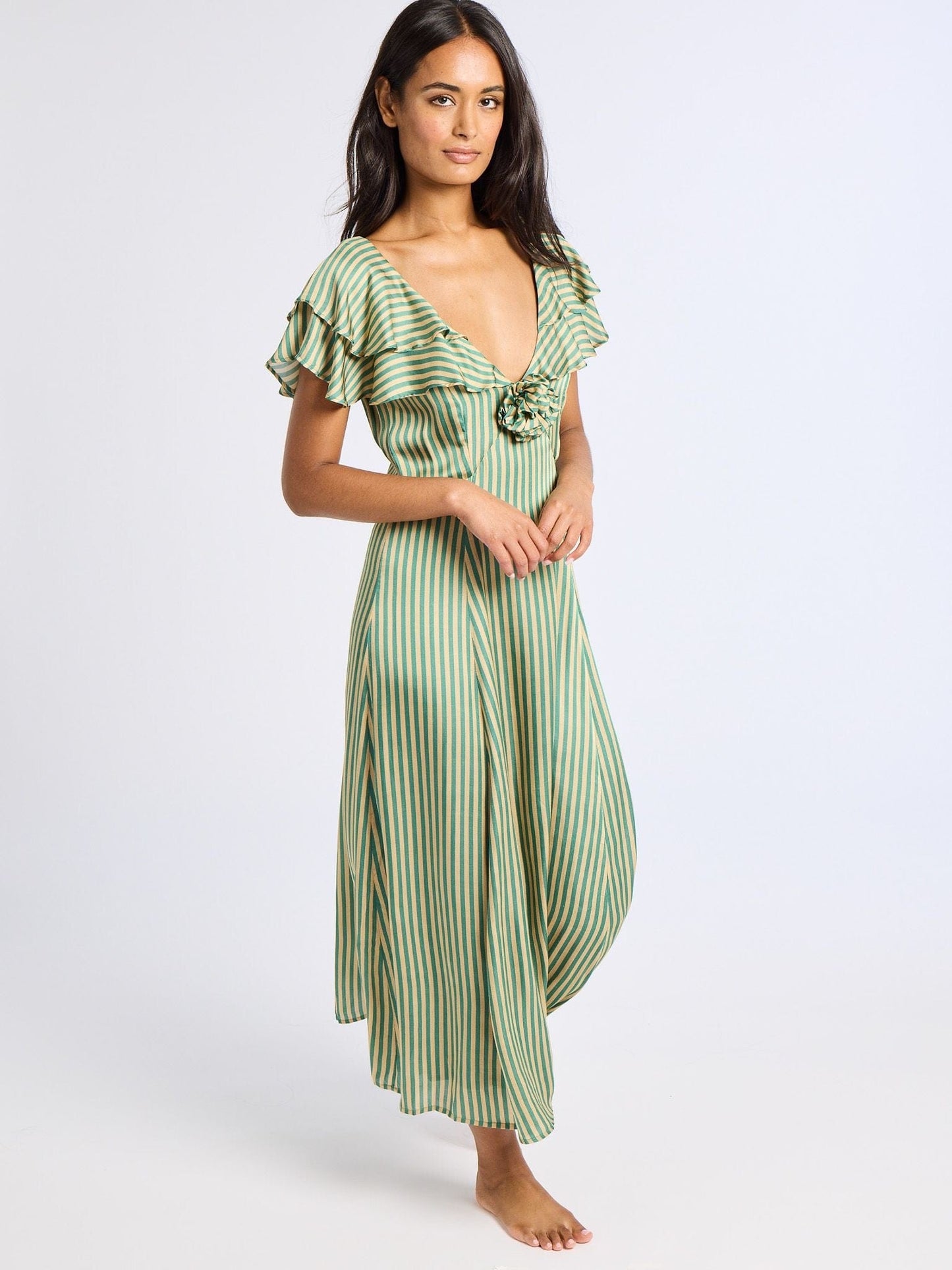 Lucie Dress in Almond & Green Stripe