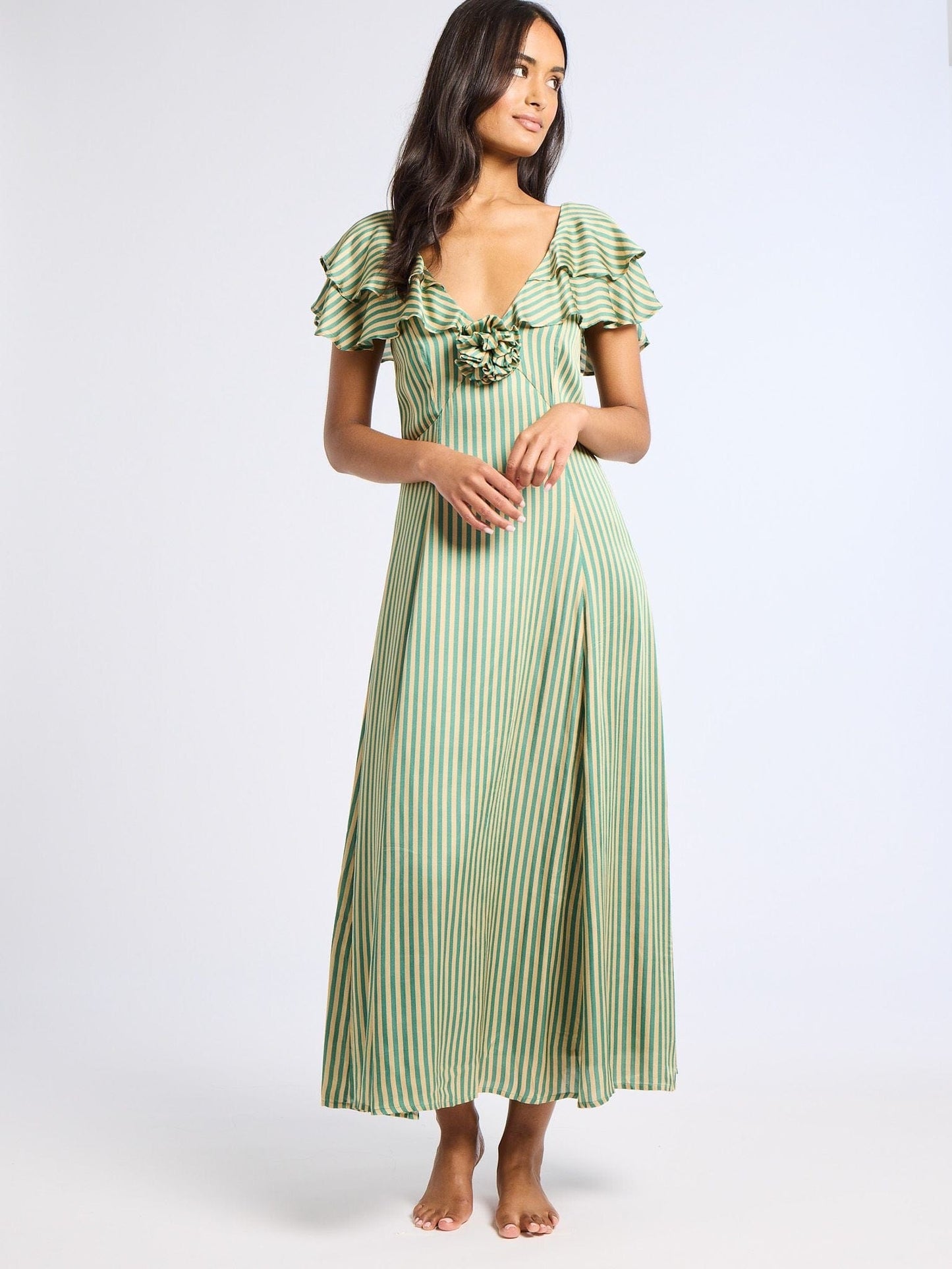 Lucie Dress in Almond & Green Stripe