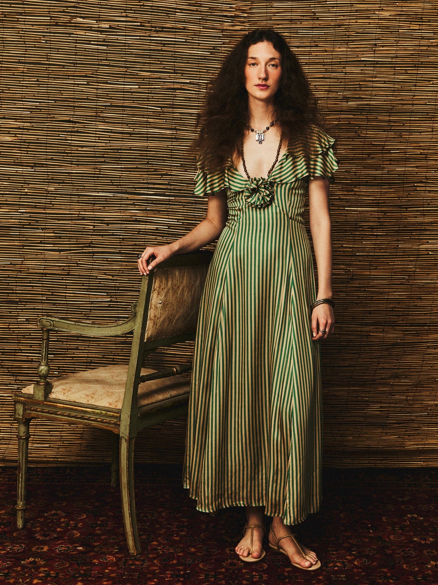 Lucie Dress in Almond & Green Stripe